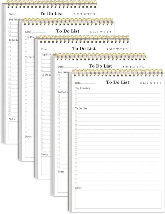 Yaridar (5-Pack) To Do List Notepad - A5 Undated Daily Planner, 250 Sheets/500 Pages To Do List Notebook for Work, Spiral Waterproof Notepad for Office Supplies, School Planner, 5.8" x 8.3"