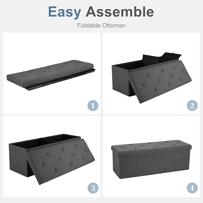 DUMOS Foldable Storage Ottoman Bench 43in, Storage Chest, Large End of Bed Foot Rest Stool with Padded Seat, Bedroom Bench for Living Room, Support 660lbs, Blue