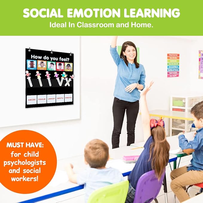 Eamay Emotions and Feelings Pocket Chart for Kids with 31 Cards,Social Emotional Learning Pocket Chart for Classroom and Home-School,Black (Black)