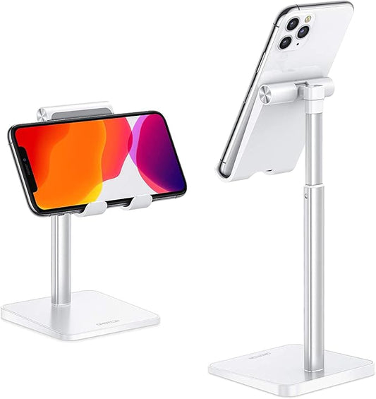 OMOTON Cell Phone Stand, Adjustable Angle Height Desk Phone Dock Holder for iPhone Air 17 Pro Max/Plus/XS/XR, Samsung Galaxy S20 / S10 / S9 / S8 and Other Phones (3.5-7.0-Inch),Silver