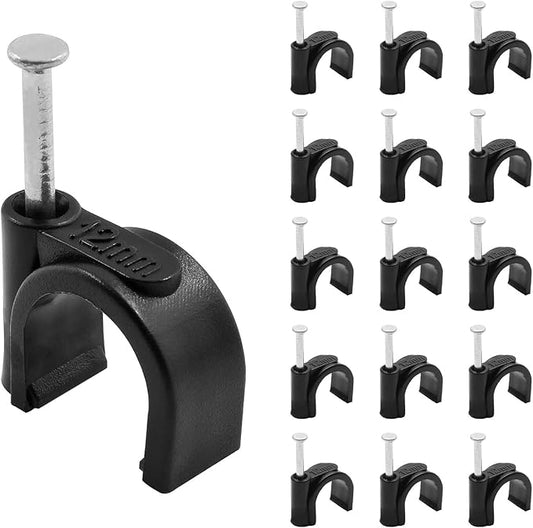 100pcs 1/2" / 12mm Half Clamp J-Hook with Nail, Nail in Cable Clips Ethernet Cable Nails Tacks Clips, Black