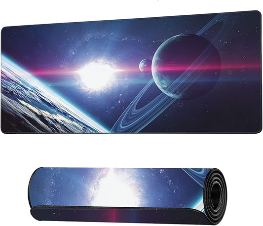Planets and Nebula in Space Extended Gaming Mouse Pad Large Desk Mat with Non-Slip Rubber Base and Stitched Edges,Keyboard Mouse Mat Desk Pad for Work,Game,Office,Home 35.4 * 15.7 Inch