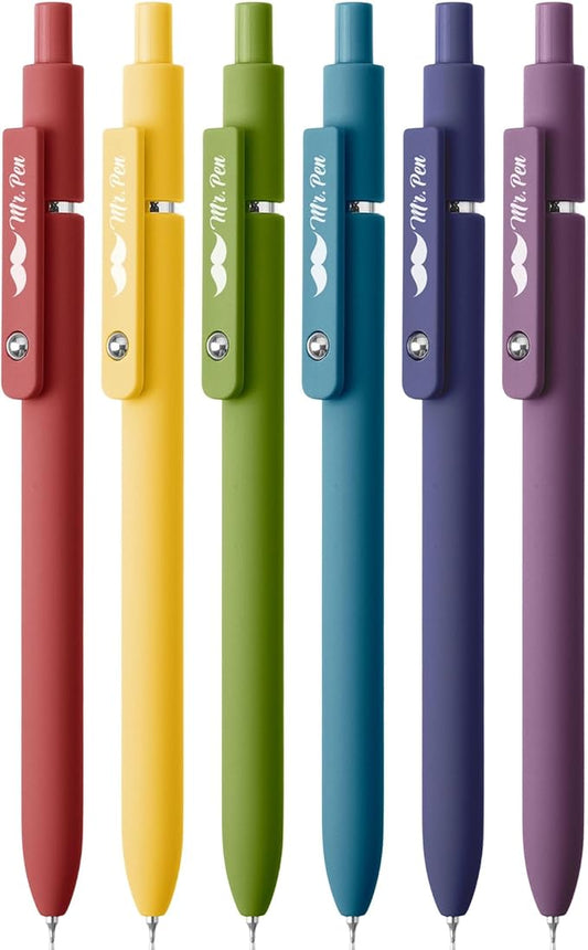 Mr. Pen- Retractable Gel Pens, 6 Pack, Vintage Color Barrels, Black Ink, Fast Dry, Fine Point 0.5mm, Cute and Aesthetic for Journaling