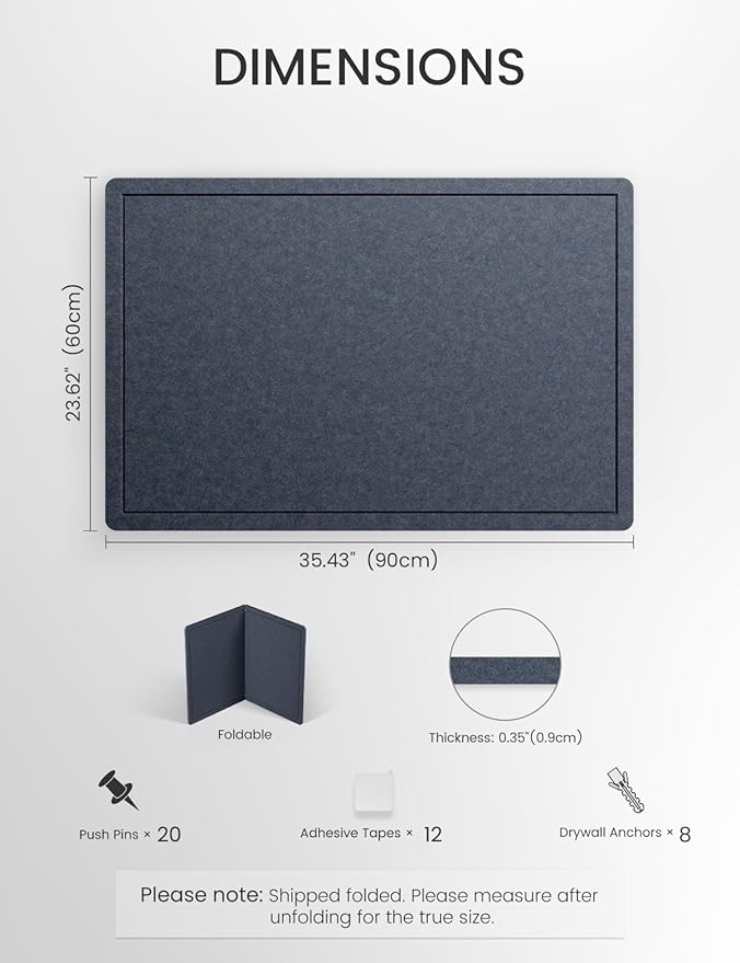 Fluxynara Bulletin Board,35.4" x 23.6" Cork Board Alternative with 12 Safe Removable Adhesive Tabs, Foldable Felt Pin Board for Home Office, Classroom, Bedroom,Entryway for Walls— Navy Blue