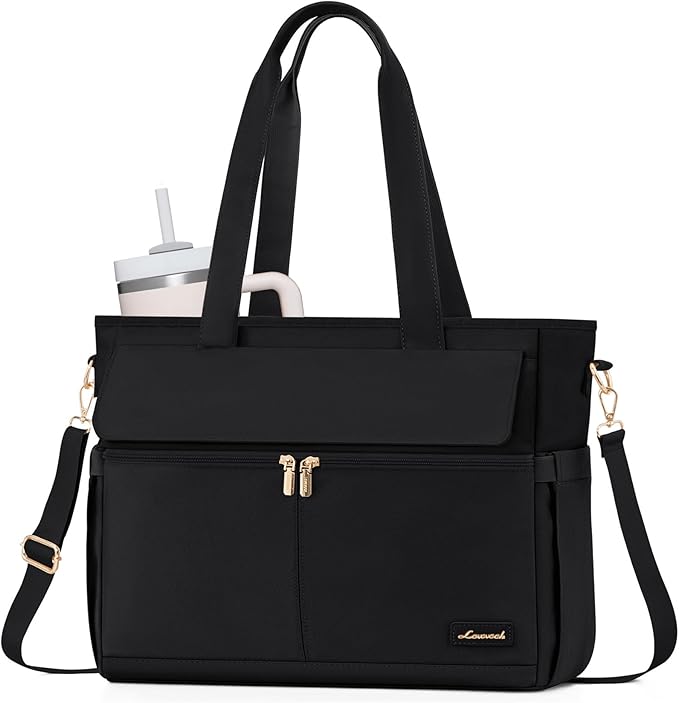 LOVEVOOK Teacher Tote Bag for Women, 15.6 Inch Laptop Bag with Inside Large Cup Pocket, Large Capacity&Multi-Pockets Nurse Work Bag, Professional Briefcase Business Purse Handbag Gifts, Black