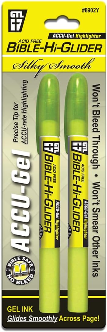 G.T. Luscombe Company, Inc. Accu-Gel Bible Highlighter, Bible Study, No Bleed Solid Gel, No Smearing or Fading, Long Lasting, Bright Translucent Color Dry Marker, Yellow