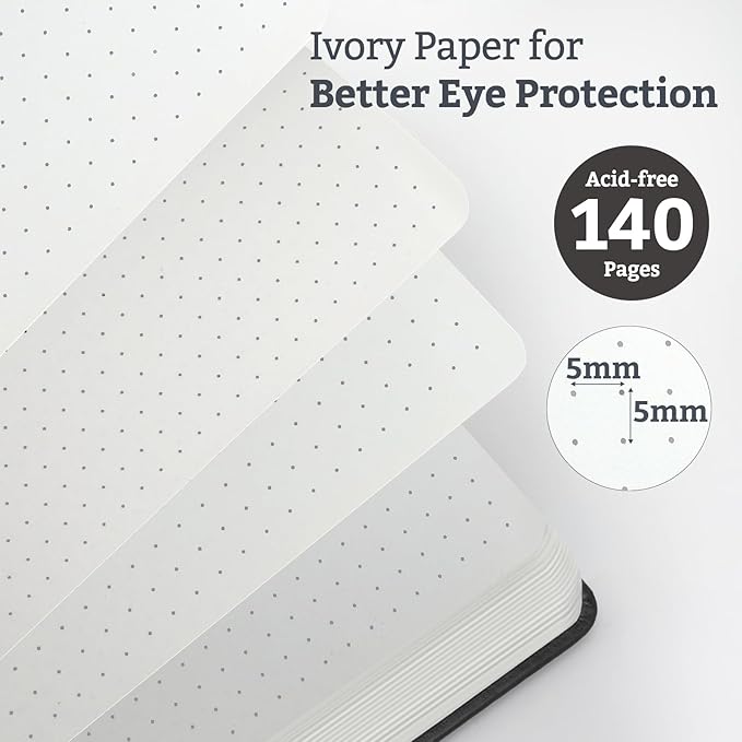 Bullet Dotted Journal Hardcover Notebook, A5 140 Pages 120Gsm Thick Paper for School,Note Taking,Work,Diary，5.7''*8.3'',Black