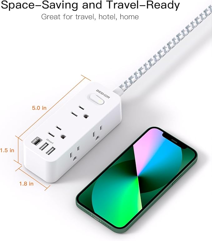 Flat Plug Power Strip, BESHON Flat Extension Cord, 5ft Ultra Thin Flat Plug Extension Cord - 6 AC with 3 USB Ports(1 USB C), Wall Mount, 3-Side Power Strip Surge Protector for Dorm Room Essentials