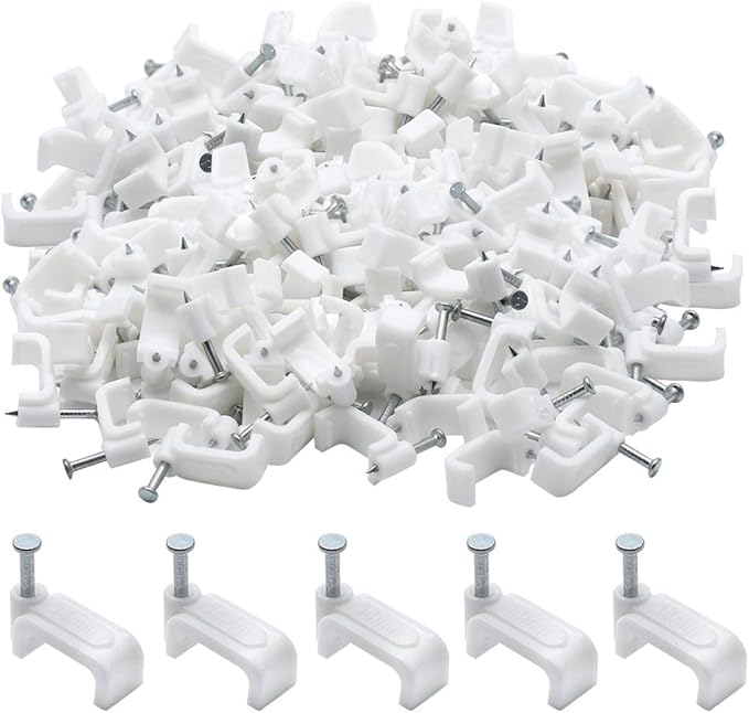 200pcs 14mm Flat Ethernet Cable Wire Clips Single Coaxial Cable Clamps with Nail for Cable Management(White)
