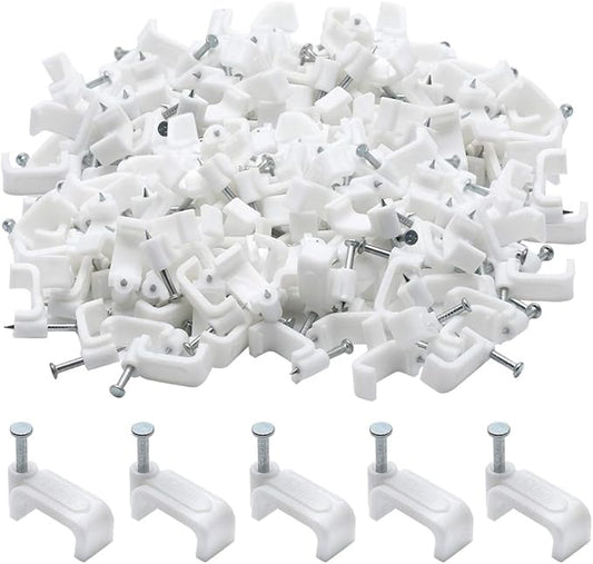 200pcs 14mm Flat Ethernet Cable Wire Clips Single Coaxial Cable Clamps with Nail for Cable Management(White)