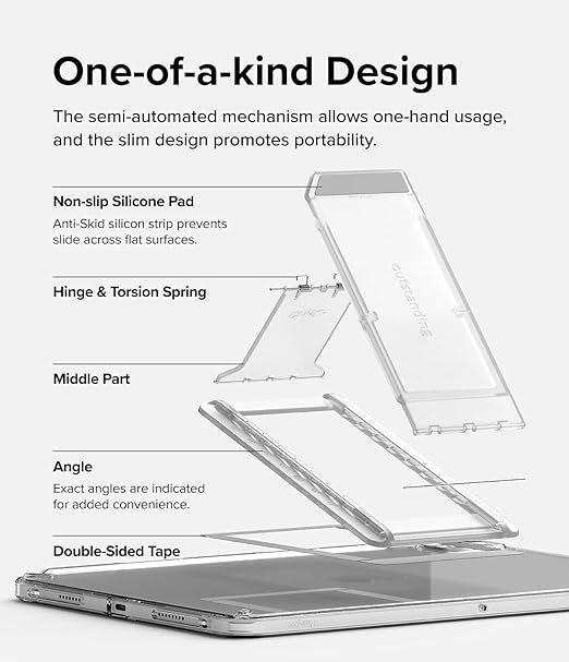 Ringke Outstanding Universal Tablet Stand Spring-Action Adjustable Slim Thin Kickstand Multi Angle Adhesive Holder for iPad, Android Tablets, E-Reader, and More - Clear Mist
