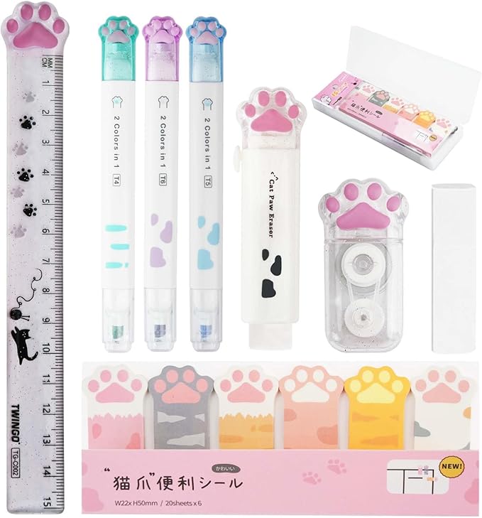 Cat Stationery Set, Cute Stationery Kawaii Retractable Erasers for Kids, Correction Tape Aesthetic, Cat Paw Ruler 15cm, Cute Pens, Sticky Notes Cute, School Supplies for Girls (White)