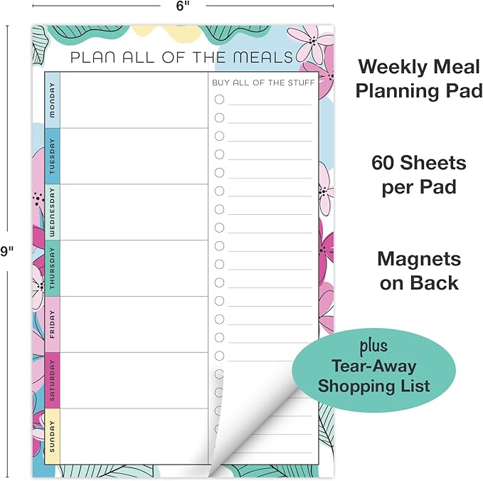 Global Printed Products 6" x 9" Vertical Meal Planning Pad, 60-Sheets, Sketched Floral
