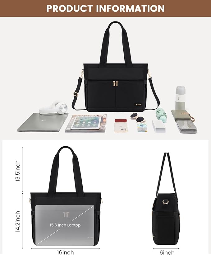 LOVEVOOK Teacher Tote Bag for Women, 15.6 Inch Laptop Bag with Inside Large Cup Pocket, Large Capacity&Multi-Pockets Nurse Work Bag, Professional Briefcase Business Purse Handbag Gifts, Black