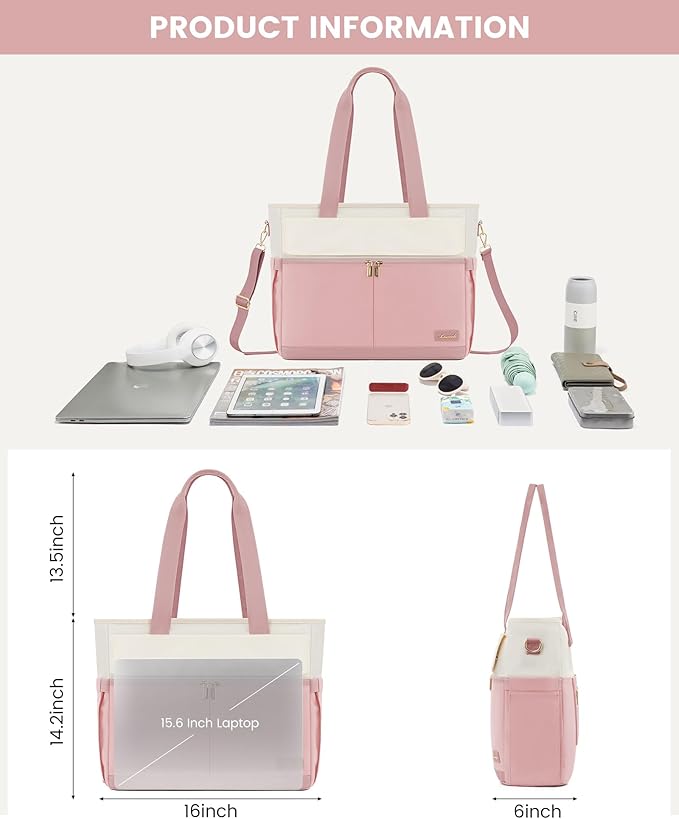 LOVEVOOK Laptop Bag for Women 15.6 Inch Canvas Laptop Large Capacity Work Bags Mutiple Pockets Teacher Bag Water Resistant Computer Bags for Business Travel Nurse, Pink Beige