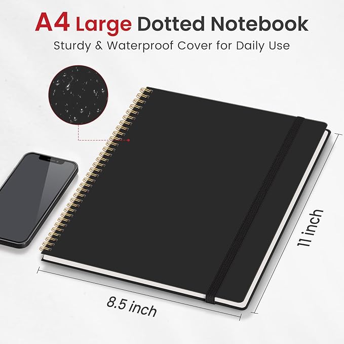 Taja Spiral Dotted Notebook, 8.5"x11" Notebooks for Work, Large A4 Journal for Women & Men, Dotted Journal, Journaling Notebook for Writing, Plastic Cover Spiral Journal, Black