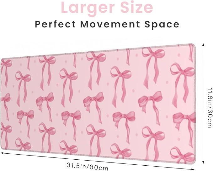 Pink Desk Mat, Pink Bow Keyboard and Mouse Pad Computer Mat, Non-Slip Rubber Base Extra Large Gaming Mouse Pad for Laptop, Cute Office Essentials School Supplies Desktop Decor for Girls 31.5 x 11.8in