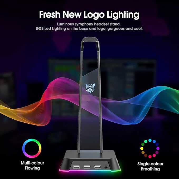 RGB Headphone Stand with 3.5mm AUX and 3 Port USB 2.0 Hub, Universal Gaming Headset Hanger Holder for Computer Gaming Gamer Accessories (Black)