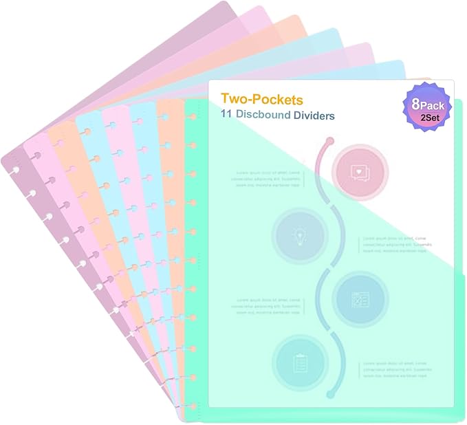 16 PCS Discbound Dividers Letter Size Disc Planner 2 Pocket Fit 8.5" x 11" Paper Disc Notebook with Pockets 11 Disc Folder Disc for Office Home School (16)