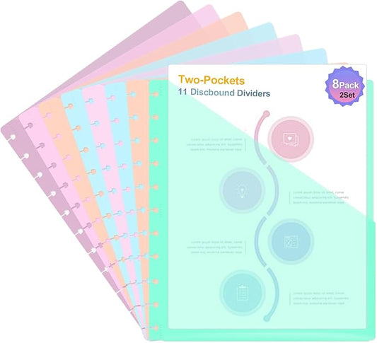16 PCS Discbound Dividers Letter Size Disc Planner 2 Pocket Fit 8.5" x 11" Paper Disc Notebook with Pockets 11 Disc Folder Disc for Office Home School (16)