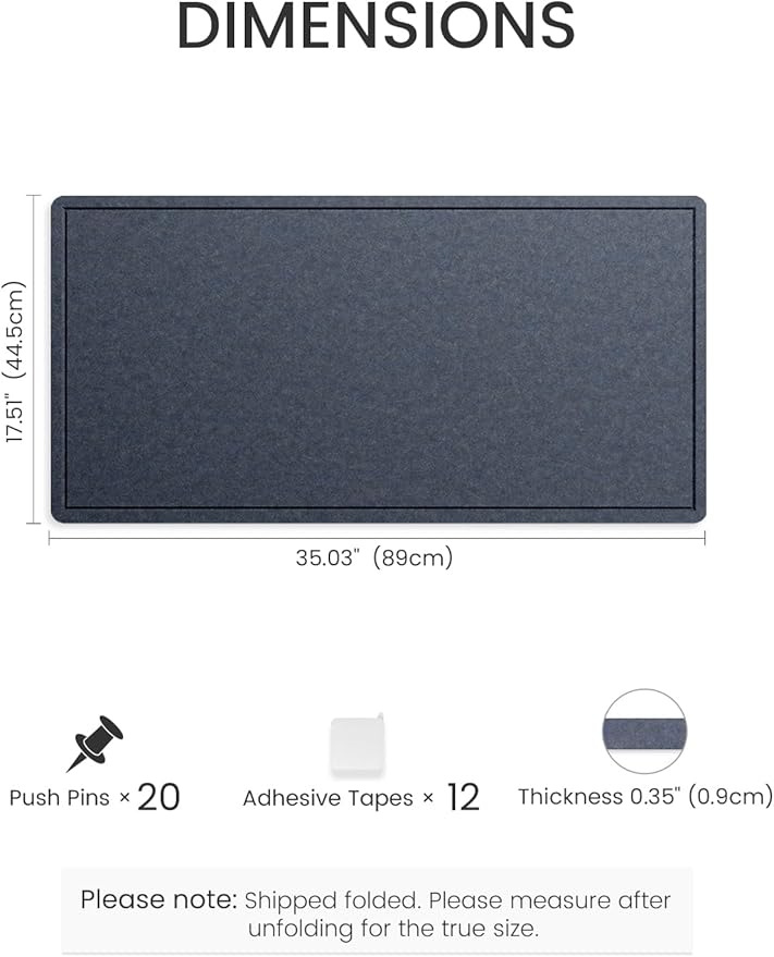 Fluxynara Bulletin Board, 35" x 17.5" Cork Board Alternative with 12 Safe Removable Adhesive Tabs, Foldable Felt Pin Board for Home Office, Classroom, Bedroom,Entryway for Walls— Navy Blue