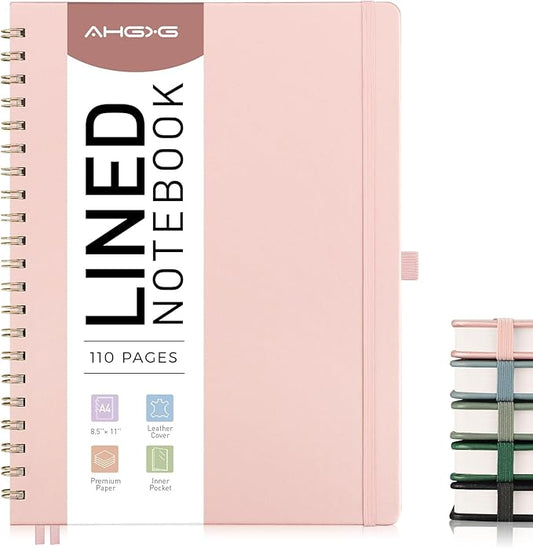 AHGXG Lined Spiral Notebook 8.5" x 11", A4 Large Notebooks for Women Men, Hardcover Leather Notebook College Ruled, 100 GSM Thick Paper, Notebooks for Work School Note Taking Writing, Rose Gold