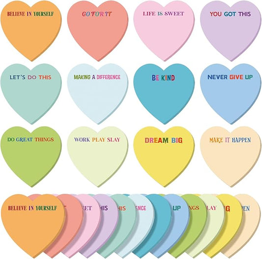 Teling 24 Pack Valentine's Day Sticky Notes Heart Shape Sticky Notes 3 x 3 Inch Motivational Notepads Bulk Cute Memo Pads for Galentines Party Gifts School Office Supplies (Pastel)
