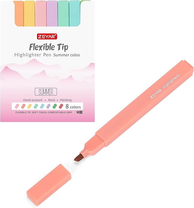 ZEYAR Aesthetic Cute Highlighter Pens, Cream Chisel Tip, Water Based, Quick Dry, No Bleed for Bible, Four Seasons Color Series (8 Summer Colors)