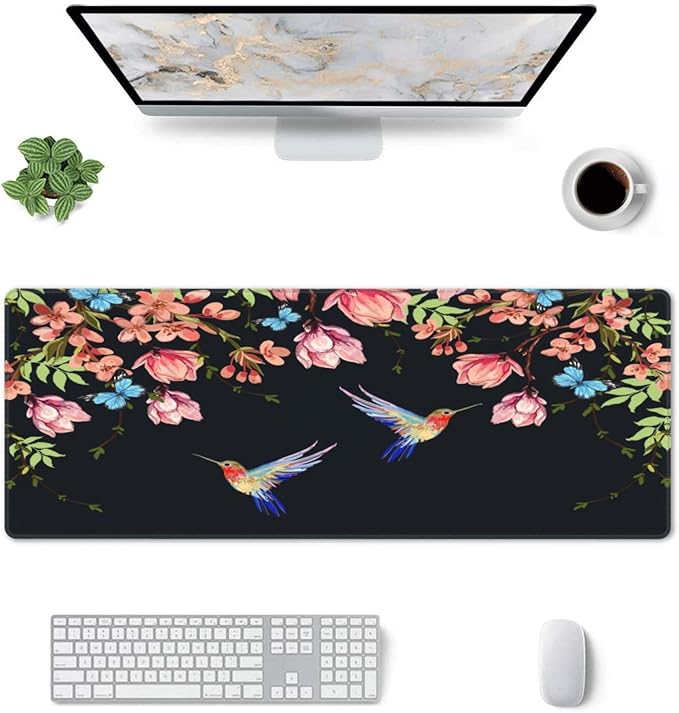 Hummingbirds and Flowers Large Mouse Pad with Stitched Edges Long Non-Slip Rubber Base Mousepad Laptop Keyboard Mat Desk Pad for Office Home Desk Decor, 31.5" X 11.8"