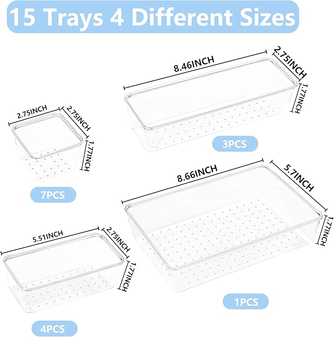 15PCS Clear Drawer Organizer Set, 4 Sizes Desk Drawer Divider Organizers Storage Bins for Bathroom,Kitchen,Office,Vanity Organizers Tray for Jewelry, Makeup, Junk, Gadgets