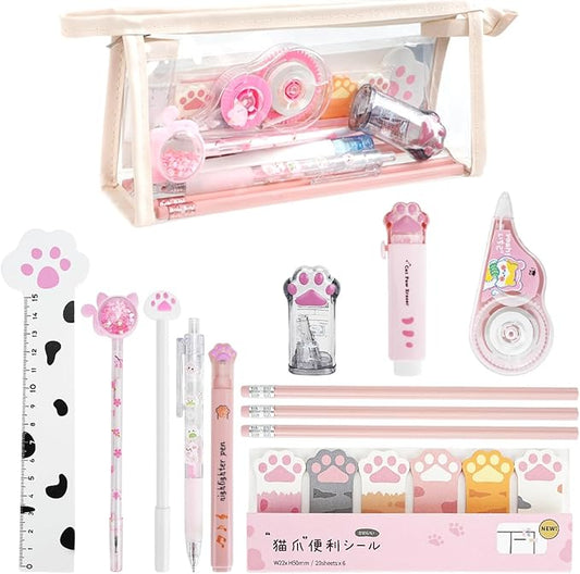 13 Pcs Cute Cat Paw Stationery Set, Kawaii Cartoon Mini Pencil Roller, Retractable Eraser, Correction Tape, Push Up Dotting Pens, Ruler, Sticky Notes, Highlighters for Kids Cat Lovers