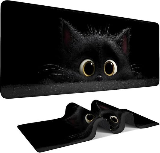 Cat-Inspired Extended Mouse Pad XL 31.5"x11.8" – Large Black Cat Desk Mat – Non-Slip Rubber Base, Stitched Edges