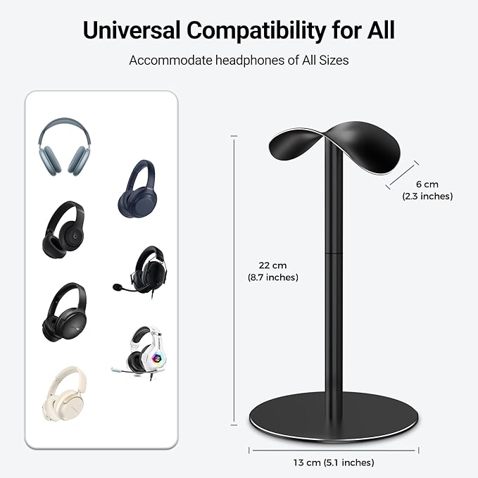 Aluminum Alloy Headphone Stand for Desk, Gaming Headset Holder with Non-Slip Weighted Base, Compatible with AirPods Max and Over-Ear Headsets, Space-Saving Design (Black)