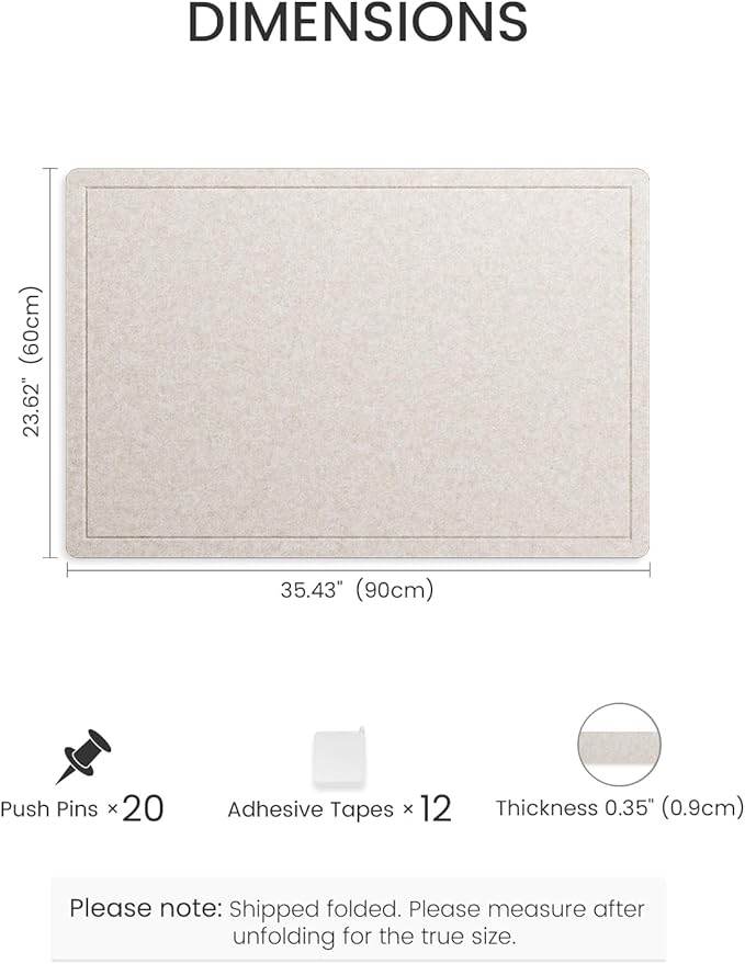 Fluxynara Bulletin Board,35.4" x 23.6" Cork Board Alternative with 12 Safe Removable Adhesive Tabs, Foldable Felt Pin Board for Home Office, Classroom, Bedroom,Entryway for Walls— Oatmeal