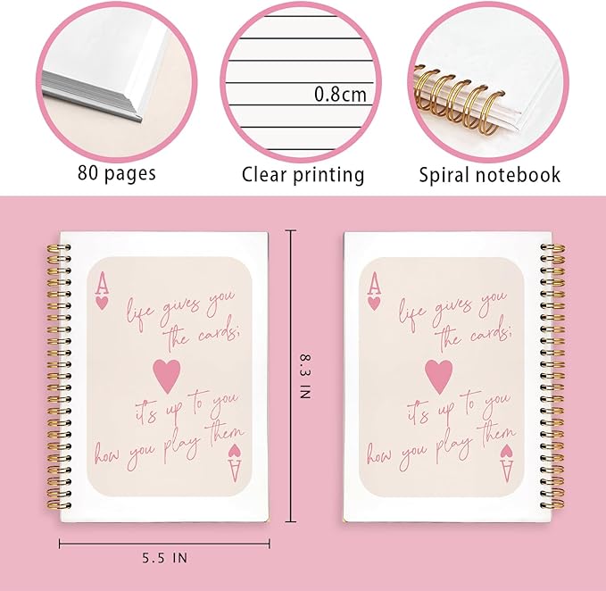 Trendy Ace of Hearts Notebook，Pink Lucky You Notebook，Preppy Gifts for Women, Pink Office Supplies, Hardcover Spiral Notebook 80 Sheets -160 Pages 5.5x8.3 Inch