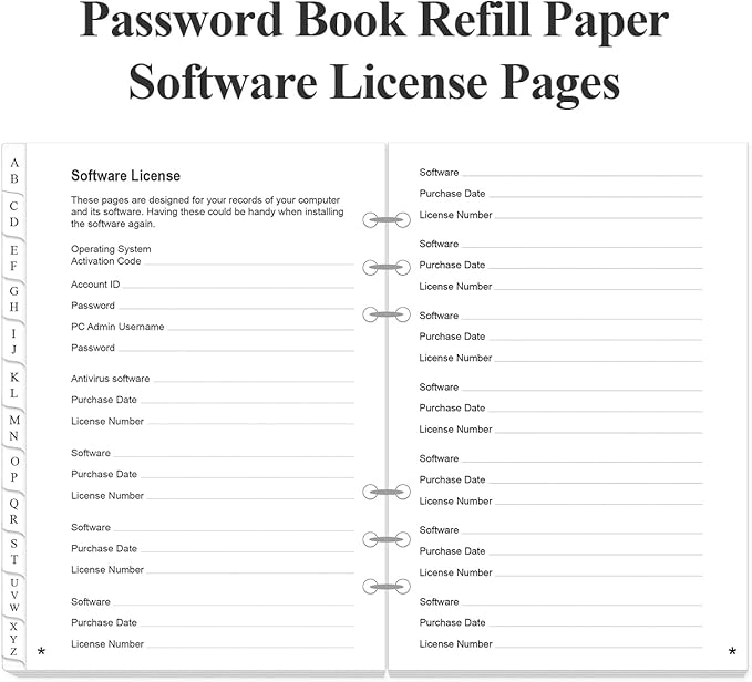 Password Book Refills - A-Z Password Notebook Refill Paper with Alphabetical Tabs, 120gsm White Paper, 7-Hole/Desk Size 4, 5.8" x 8.3"