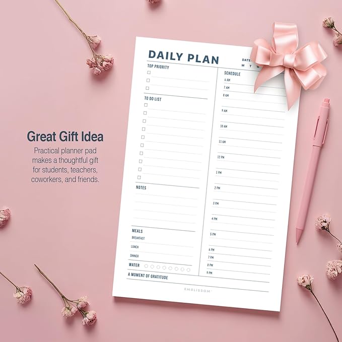 Daily Planner Notepad, 5.5 x 8.5" Tear-Off Pad – 70 Undated Sheets Focus-Enhancing Desktop Organizer with Hourly Schedule, To-Do List for Work, School (White, Minimalist, 1 Pack)