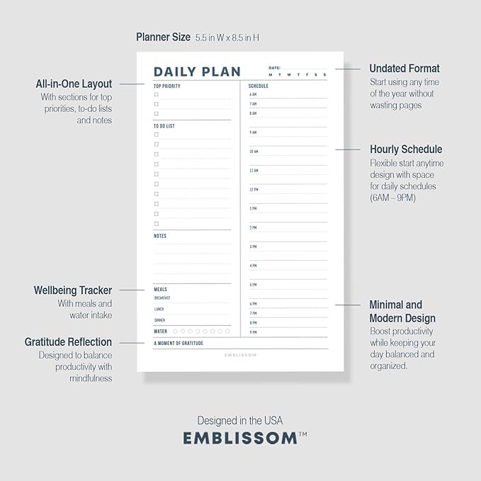Daily Planner Notepad, 5.5 x 8.5" Tear-Off Pad – 70 Undated Sheets Focus-Enhancing Desktop Organizer with Hourly Schedule, To-Do List for Work, School (White, Minimalist, 2 Pack)