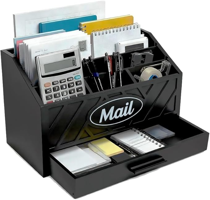 Wood Desktop Mail Organizer, Mail Organizer Countertop with 6 Compartments and Drawer, Wood Mail Holder Office Accessories for File Letter Paper Folder, Black