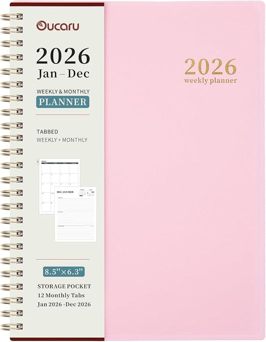 Oucaru 2026 Planner, Weekly and Monthly Planning Calendar, Jan 2026 - Dec 2026, 6.3" x 8.5", Spiral Bound, 12 Habit Trackers & Monthly Tabs, 2 Storage Pockets, Perfect for Office Home School Supplies