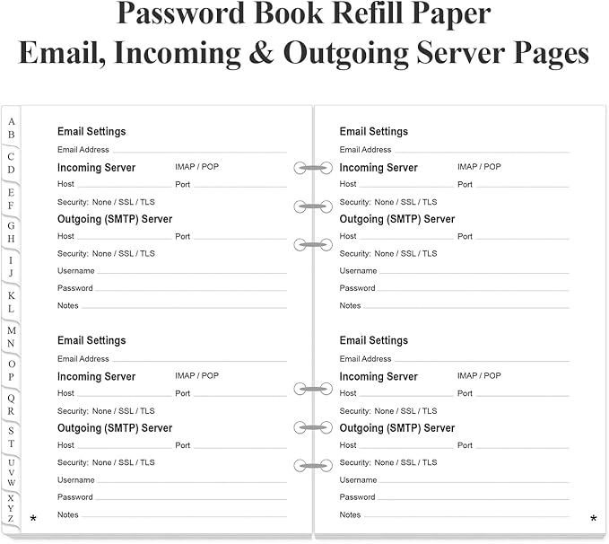 Password Book Refills for A5 Binder - A-Z Password Notebook Refill Paper with Alphabetical Tabs, 120gsm White Paper, 6-Hole Punehed, 5.8" x 8.3"