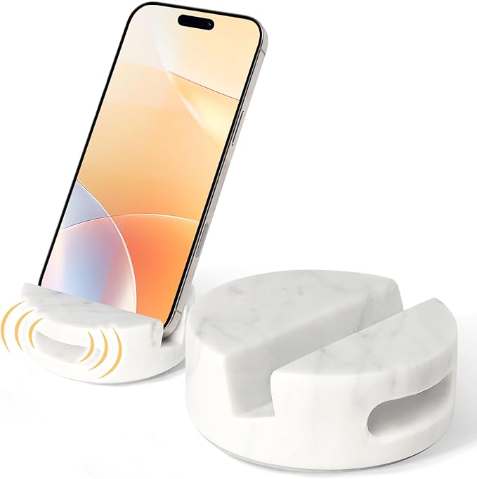 Elegant and Versatile White Marble Phone Stand with Sound Amplified Output iPhone Phone Holder Function for Office Desk,Kitchen Counter,Bathroom,and Bedside