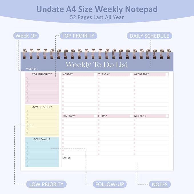 Weekly To Do List Notepad with 52 Undated Sheets (8.5"×11"), Desk Weekly Planner Notepad for Office Desk Accessories and School Supplies (Purple)
