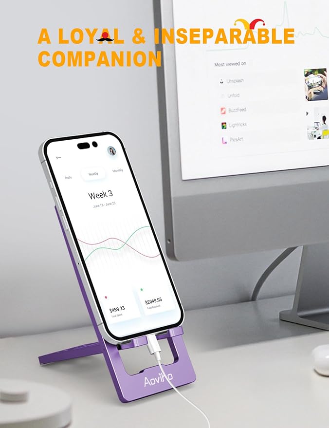 Phone Stand for Desk, Ultra-Thin Foldable Aluminum Phone Holder, Portable Travel & Office Cell Phone Stand Compatible with iPhone 17 16 15 14 13 12 Pro Max, Fits 3.7"-7" Devices, Purpel