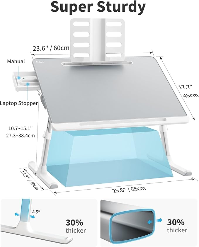 Laptop Bed Tray Table, SAIJI Adjustable Bed Desk for Laptop, Foldable Laptop Stand with Storage Drawer for Eating, Working, Writing, Gaming, Drawing (Khaki Gray, X-Large)