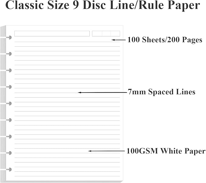 (3-Pack) 9-Disc Discbound Lined Refill Paper, Classic Size Pre-punched Happy Planners Inserts, 300Sheets/600Pages Loose-Leaf Paper, 100gsm White Paper, 7" x 9.25"