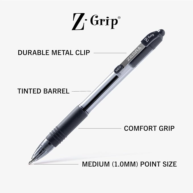 Zebra Pen Z-Grip Retractable Ballpoint Pen, Smooth-Flowing Black Ink, 1.0mm Medium, School & Office Supplies, Ideal for Note-Taking, Journal and Planner Use, 108-Pack (22108)