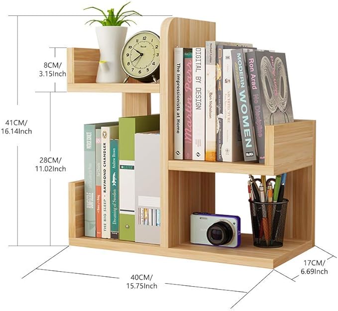 Wood Desktop Shelf Small Bookshelf Assembled Countertop Bookcase Literature Holder Accessories Display Rack Office Supplies Desk Organizer (Walnut Color)