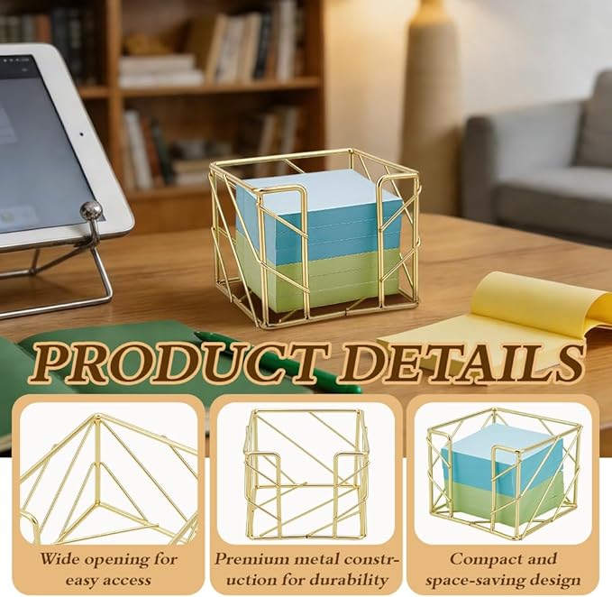 6 Pcs Sticky Note Holder, Memo Note Cube Holder 4x4x3.15Inch Mesh Desk Organizer for Notepads Pens Home Office Desk Supplies (Gold)