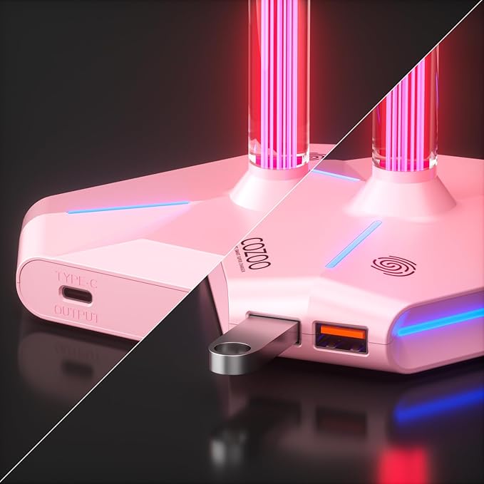 Pink RGB Headphone Stand with 2 USB Ports & Extension Cord, Gaming Headset Stand for Desktop Table, PC Gaming Accessories, Gifts for Girlfriend,Teen Boys Girls, Gaming Setup Organizer